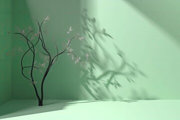 Minimalistic abstract green pastel background for product presentation with light and intricate shadow from tree branches on wall. For social media banners, promotion, cosmetic product show. 
