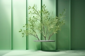 Minimalistic abstract green pastel background for product presentation with light and intricate shadow from tree branches on wall. For social media banners, promotion, cosmetic product show. 