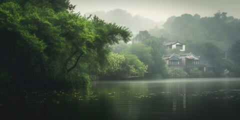 Fototapeta premium Beautiful summer scenery. Luxuriant trees admist the misty rain, with pavilions near the river. Created by Generative AI technology.