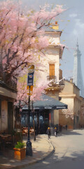 Fototapeta premium oil painting illustration, paris in the beautiful spring, cherry blossom trees. Ai Generative
