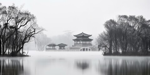 Fototapeta premium Beautiful winter scenery in Chinese traditional sytle. With pavilions on the lake. Created by Generative AI technology.