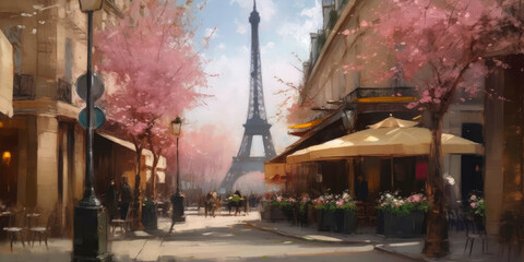 oil painting illustration, paris in the beautiful spring,  cherry blossom trees. Ai Generative