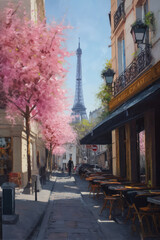 Fototapeta premium oil painting illustration, paris in the beautiful spring, cherry blossom trees. Ai Generative