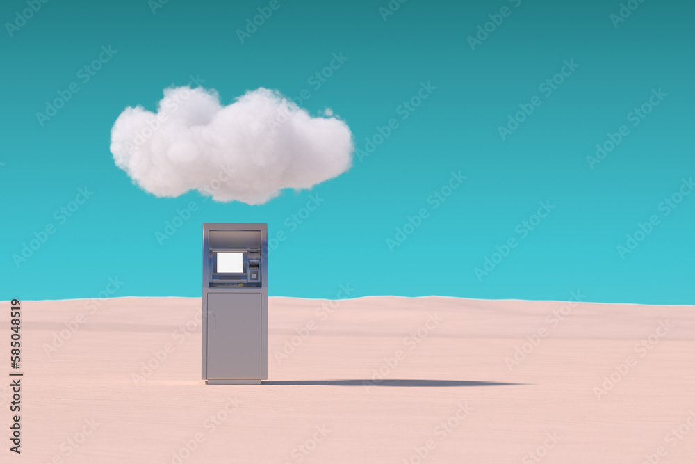 Poster Bank Cash ATM Machine under Cloud in Desert. 3d Rendering