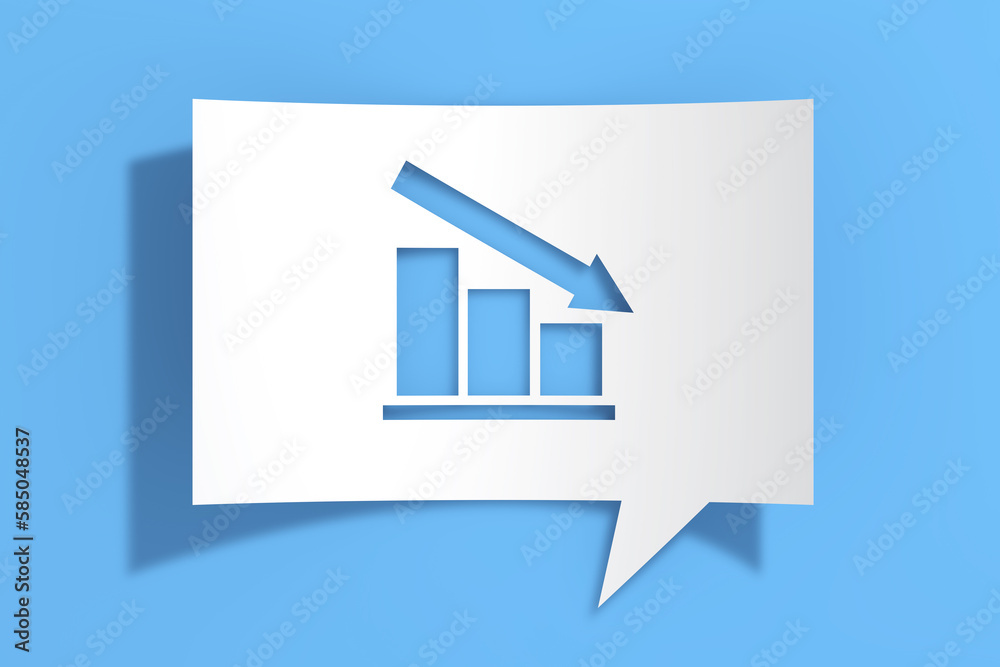 Leinwandbilder reduction or regress graph bars and arrow icon on cutout white paper speech bubble. 3d rendering