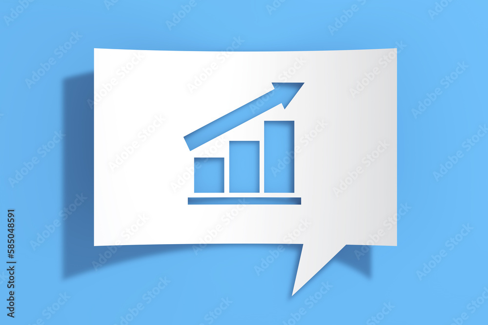 Fototapete Growing or Progress Graph Bars and Arrow Icon on Cutout White Paper Speech Bubble. 3d Rendering