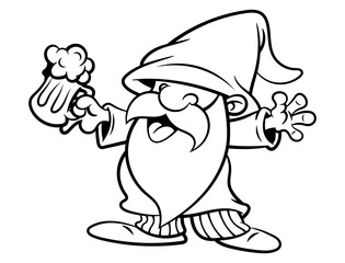 Cartoon illustration of Cute Garden Gnome drinking a Beer with a big cup of glass. Best for outline, decoration, logo, and coloring book with outdoor activities themes for kids