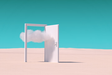 White Cloud Fly Throuch White Opened Door in Desert. 3d Rendering