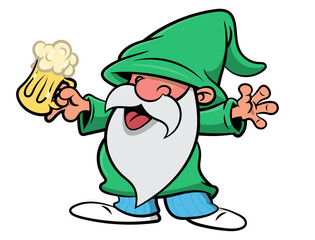 Cartoon illustration of Cute Garden Gnome drinking a Beer with a big cup of glass. Best for sticker, decoration, logo, and mascot with outdoor activities themes for kids