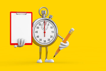 Modern Stopwatch Cartoon Person Character Mascot with Red Plastic Clipboard, Paper and Pencil. 3d Rendering