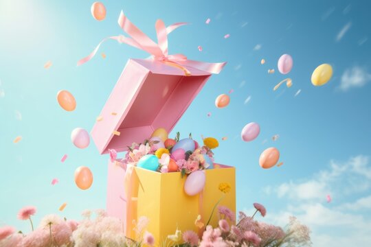 A huge pastel pink package, a gift from which painted pastel eggs explode, an Easter holiday gift. Spring creative concept on blue sky. Generative AI.