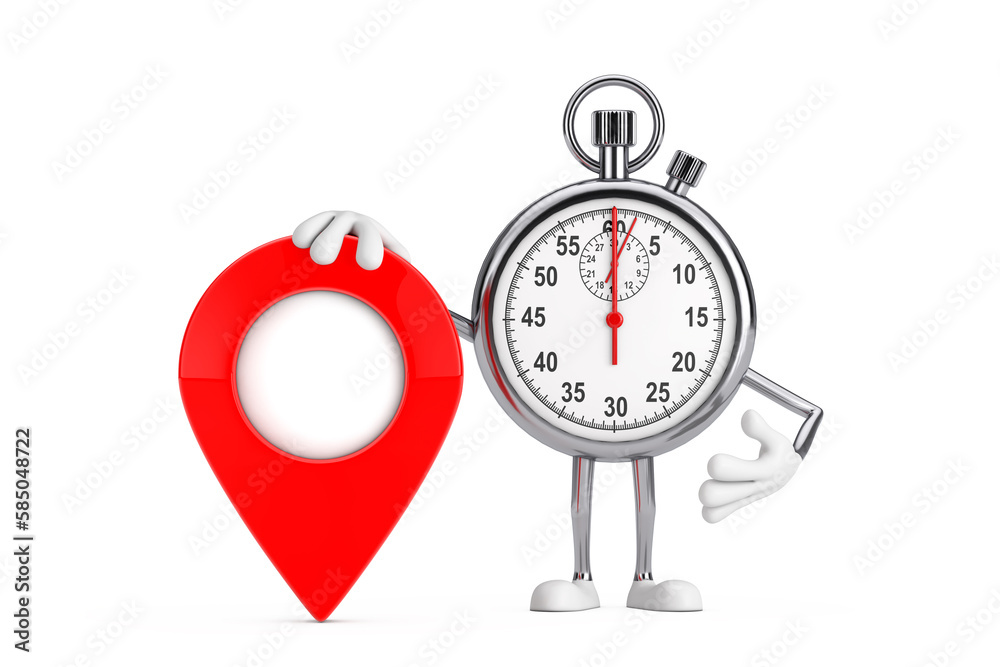 Poster modern stopwatch cartoon person character mascot with red target map pointer pin. 3d rendering