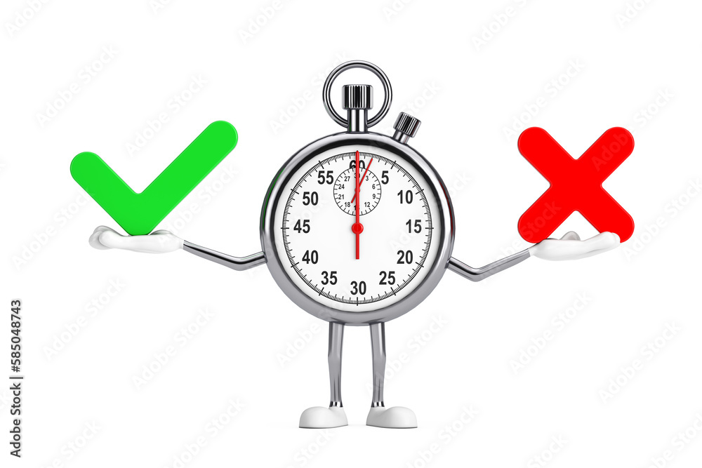 Poster modern stopwatch cartoon person character mascot with red cross and green check mark, confirm or den