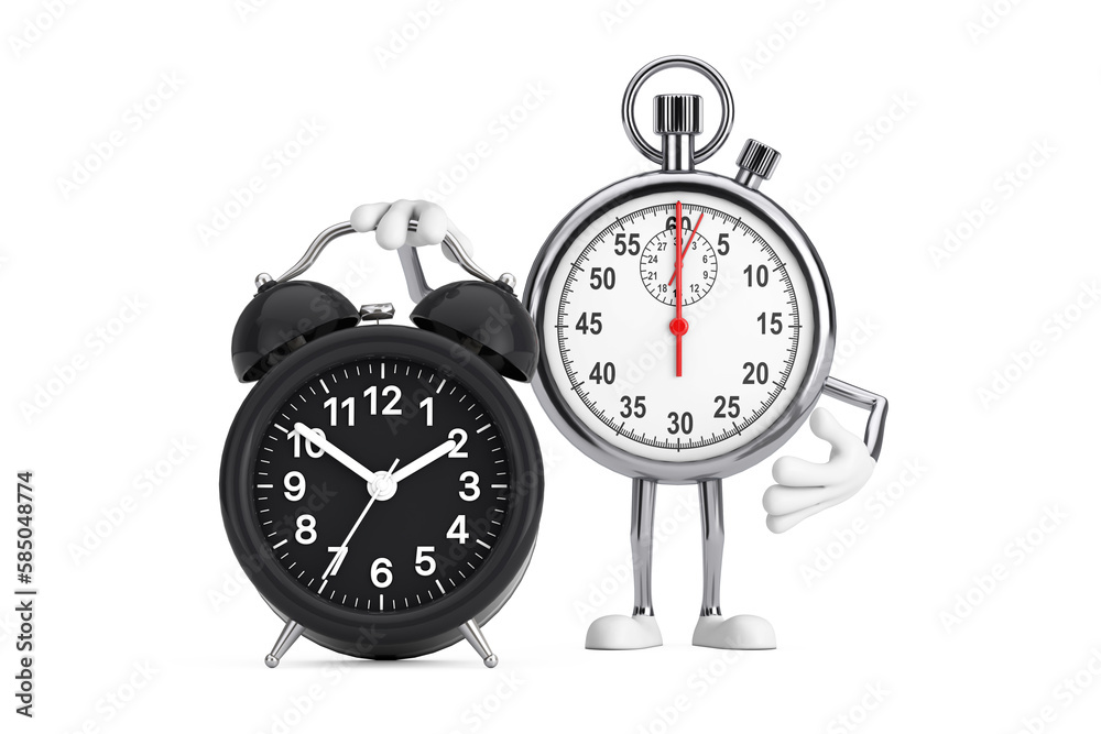 Aufkleber modern stopwatch cartoon person character mascot with alarm clock. 3d rendering