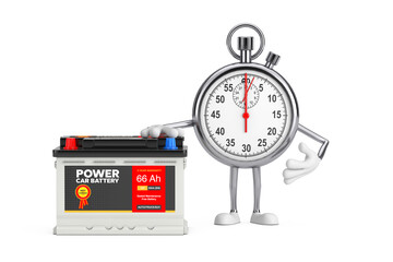 Modern Stopwatch Cartoon Person Character Mascot and Rechargeable Car Battery 12V Accumulator with Abstract Label. 3d Rendering