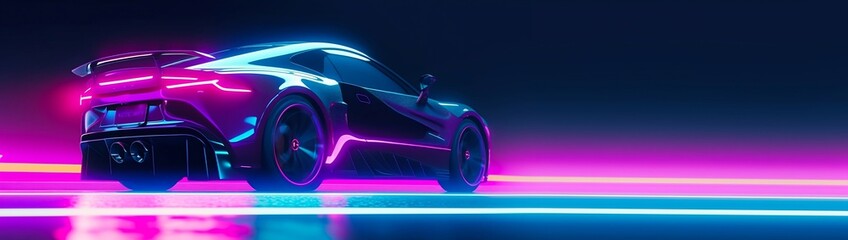 Speeding sports car on neon Highway. Powerful acceleration of a super car on a night track with colorful lights and trails. Copy Space. Generative AI