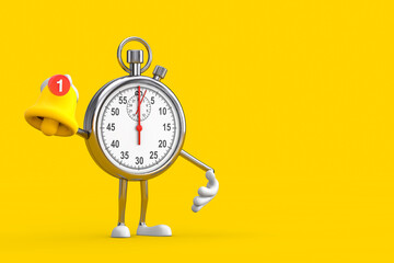 Modern Stopwatch Cartoon Person Character Mascot witn Cartoon Social Media Notification Bell and New Message Icon. 3d Rendering