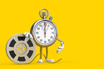 Modern Stopwatch Cartoon Person Character Mascot with Film Reel Cinema Tape. 3d Rendering