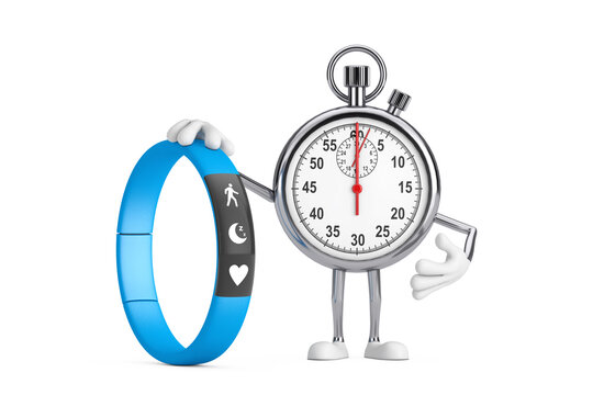 Modern Stopwatch Cartoon Person Character Mascot with Blue Fitness Tracker. 3d Rendering