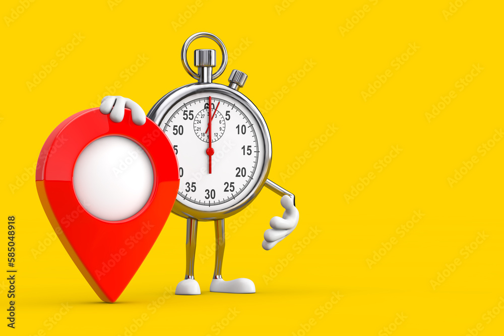 Poster modern stopwatch cartoon person character mascot with red target map pointer pin. 3d rendering