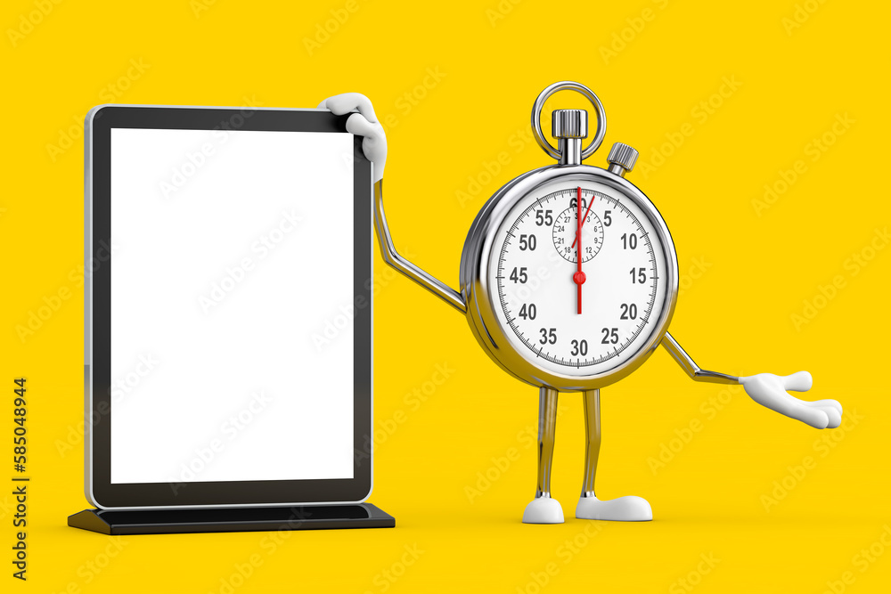 Aufkleber Modern Stopwatch Cartoon Person Character Mascot with Blank Trade Show LCD Screen Display Stand as Template for Your Design. 3d Rendering