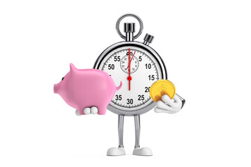 Modern Stopwatch Cartoon Person Character Mascot with Piggy Bank and Golden Dollar Coin. 3d Rendering