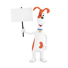 Cartoon Cute Dog Holding White Blank Protest Ad Banner Placard Mockup. 3d Rendering