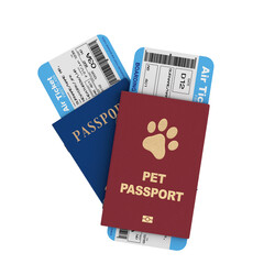 Blue International Passport and Red Pet Passport Document or Dog and Cat Transportation Certificate with Golden Paw on Cover with Flight Boarding Passes Airline Tickets. 3d Rendering