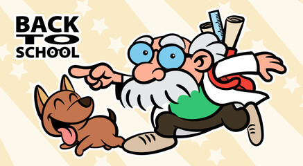 Cartoon illustration of Old Professor with mustache and grey hair wearing laboratory coat and carrying backpack. Running with his puppy to the class for teaching student