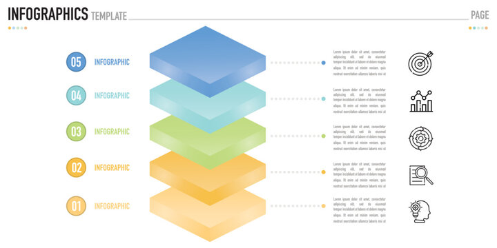 Isometric 3D rectangle, cube, box layer infographic template or element with 5 step, process, option, colorful ladder, icons on white background, origami, minimal simple modern style for sale slide