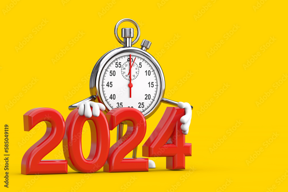 Aufkleber modern stopwatch cartoon person character mascot with red 2024 new year sign. 3d rendering