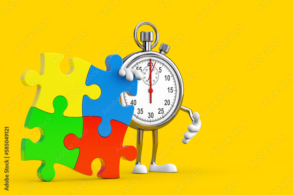 Poster modern stopwatch cartoon person character mascot with four pieces of colorful jigsaw puzzle. 3d rend