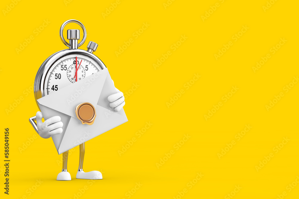 Aufkleber modern stopwatch cartoon person character mascot with white blank envelope. 3d rendering