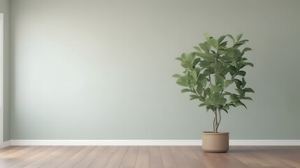 Fototapeta na wymiar Blank sage green wall in house with green tropical tree in white modern design pot, baseboard on wooden parquet in sunlight for luxury interior design decoration, home appliance product background