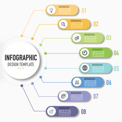 Mind map infographic template or element as a vector with 8 step, process, option, coloful round rectangle, icons, for sale, businesss slide or presentation, modern, minimal, simple style, paper cut