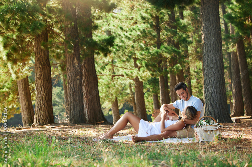 Sticker Couple on picnic, nature park and relax together outdoor, support and comfort with love and care while bonding. Summer, holiday with man and woman cuddle, happiness and relationship with trust