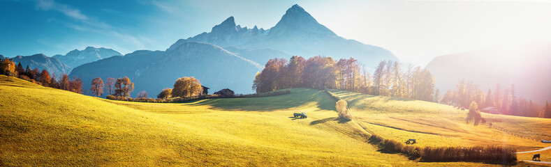 Stunning morning Scene. Majestic Moutain peak under sunlight, Berchtesgaden land, Bavaria Alps,...