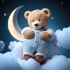 Cute teddy bear sleeps on the moon, realistic illustration, can be used for baby shower, textile print, poster, postcard. Generative Ai.
