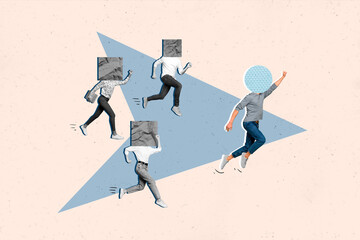 Conceptual collage four workers have geometric figures instead heads corporate competitive...
