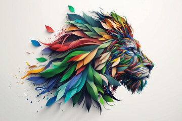 Multicolored Lion head on white background created with Generative AI technology