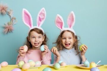 Children's holiday joy and happiness, Easter creative concept of painting and decorating pastel eggs. Happy kids, spring activities. Generative AI.