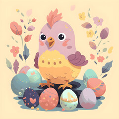 Cute Easter Chick Surrounded by Easter Eggs