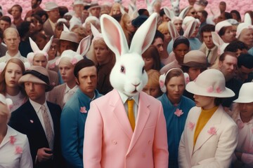 A mass of people and Easter rabbit, huge crowd and close up view of young handsome white bunny who stands out, stand out from crowd, be different and respect differences. Generative AI. - obrazy, fototapety, plakaty