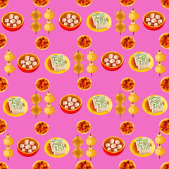 Chinese food seamless pattern. Hand drawn different types of asian food in wooden steamers repeating background. Tasty chinese food, delicious har gao, sticky rice, rolls.