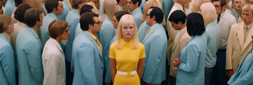 A mass of people, a huge crowd and a close up view of a young a young beautiful girl who stands out, stand out from the crowd, be different and respect differences. Generative AI.