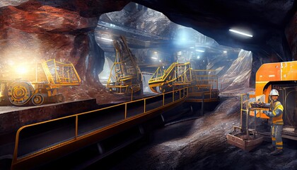 Underground mining Coal mining in mine Miner in underground mine on coal mining work. Mine workers on Underground hardrock mining Hard rock mine equipment and advanced technologies Labor Day