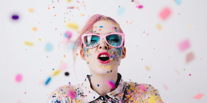 Music party girl on crazy summer party, pastel abstract concept, playing dance music. A pastel futuristic party with confetti. Fun youthful atmosphere in the club. Generative AI.