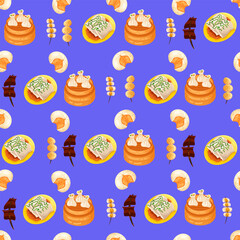 Chinese food seamless pattern. Hand drawn different types of asian food in wooden steamers repeating background. Tasty chinese food, delicious har gao, sticky rice, rolls.