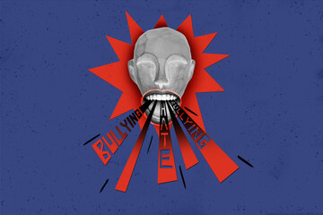 Strange banner poster collage of creepy human head screaming rude hate speech words stop bullying...