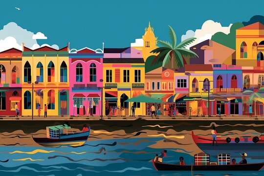 Vibrant illustration of Recife's historic center, featuring colorful colonial buildings, Capibaribe River, lively street vendors, and boats. generative ai